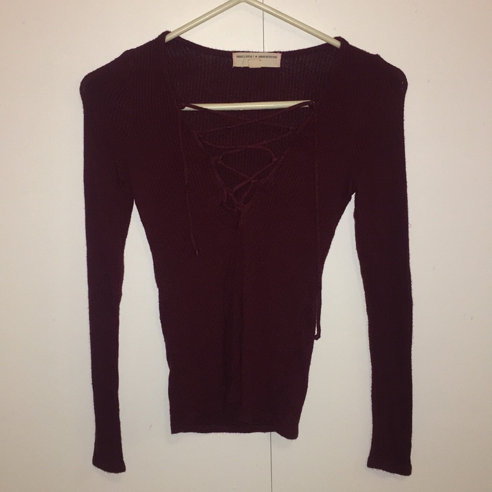 Maroon Lace Up Top